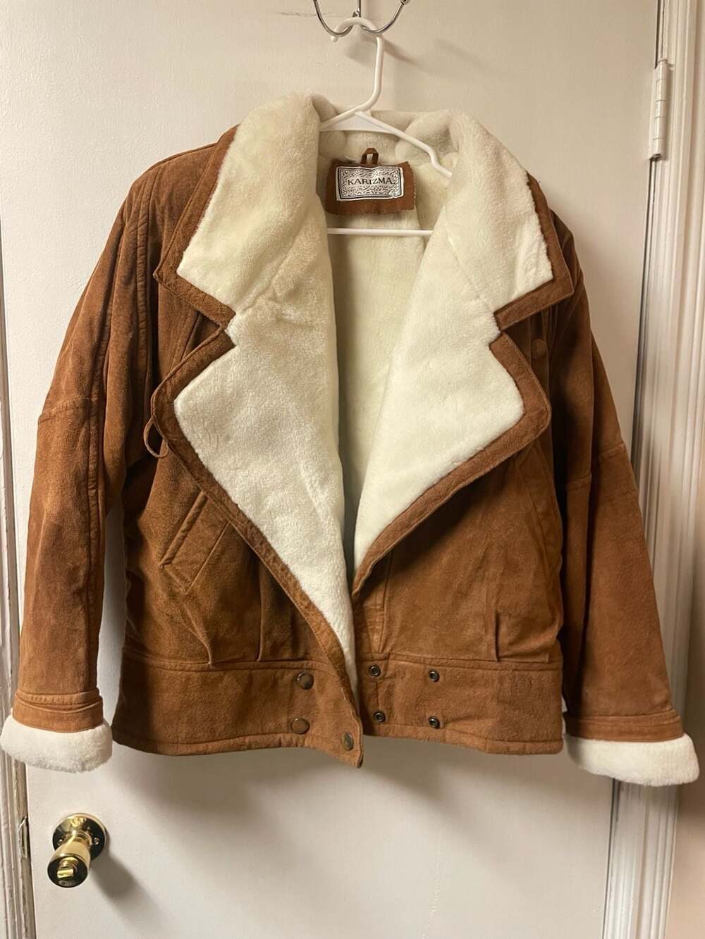 Vintage Karizma Genuine Suede Bomber Jacket with Faux Fur Shearling Lining